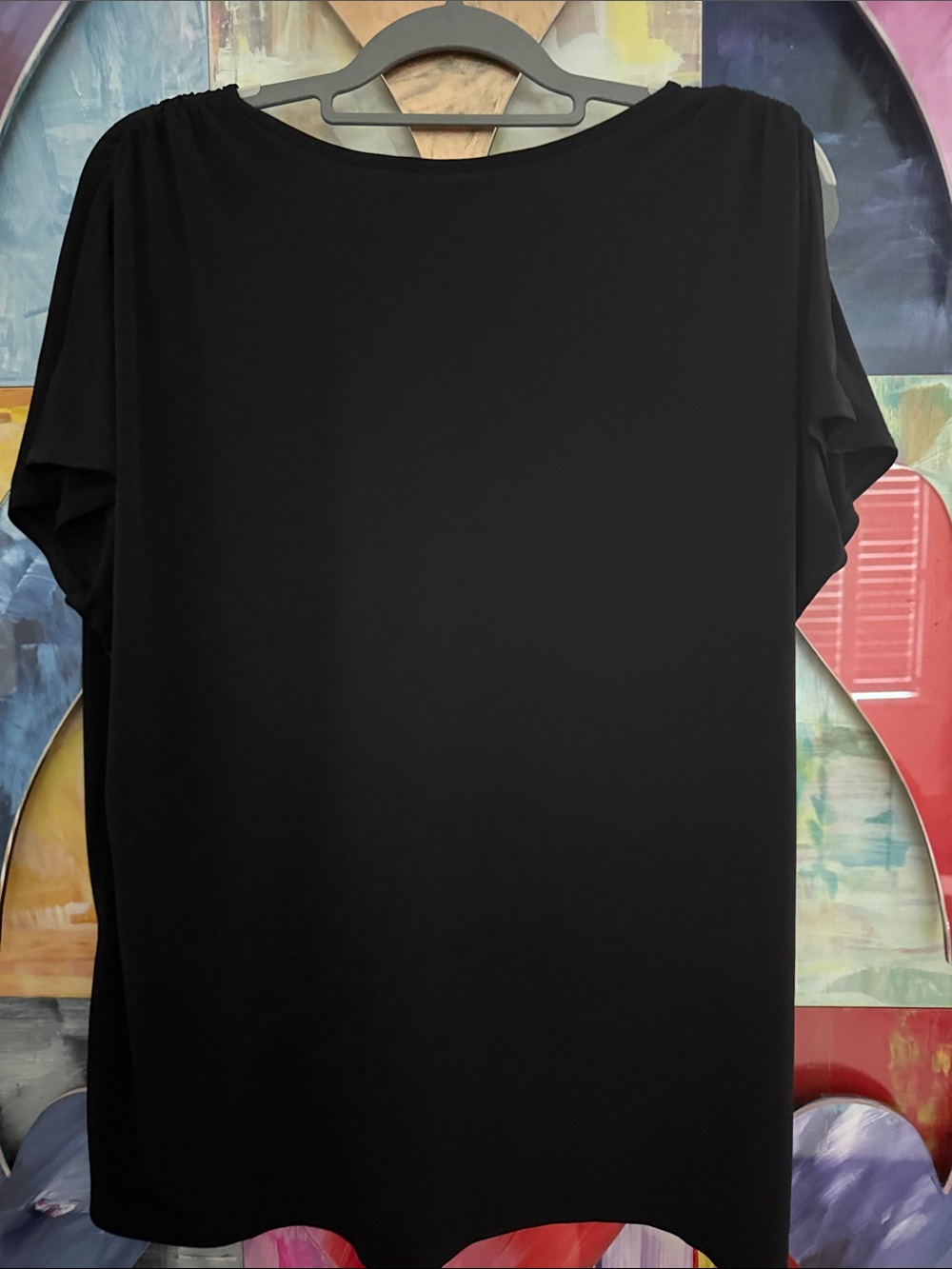 Susan Graver Black V-Neck Short Sleeve Draped Shoulder Peek A Boo Sleeved Top - Picture 2 of 4
